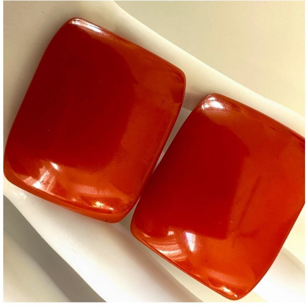 Bakelite Bold Orange Rectangular Clip On Earrings - image 6